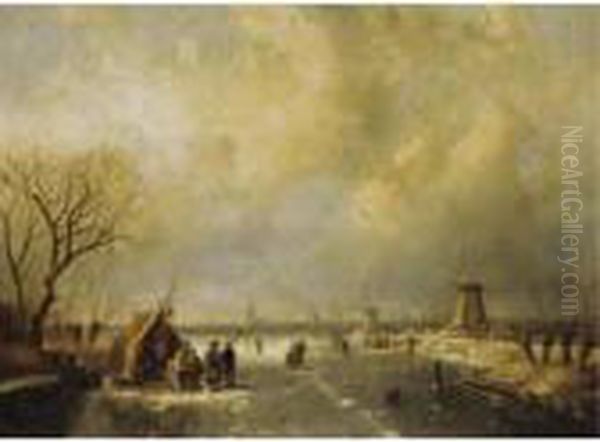 Winter Scene With Skaters Oil Painting by Charles Henri Leickert