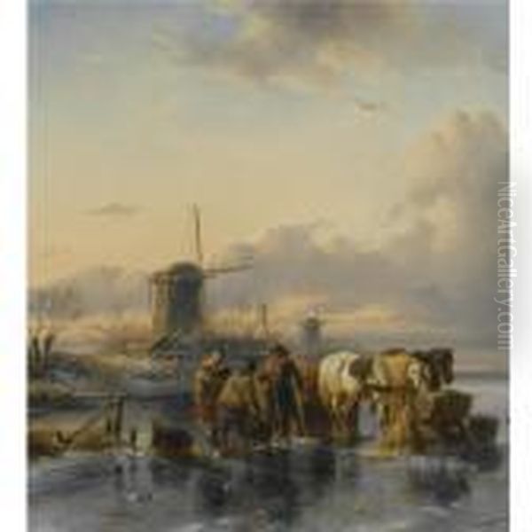 Figures And Horses On Frozen Water Oil Painting by Charles Henri Leickert