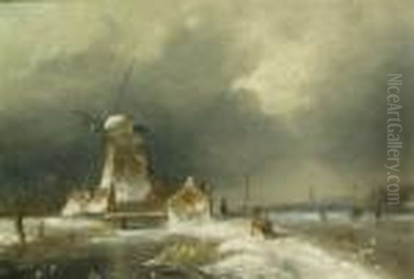 Frozen River Landscape With Windmill Oil Painting by Charles Henri Leickert