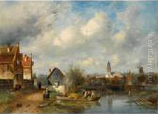 Figures On A Barge Near A Waterside Village Oil Painting by Charles Henri Leickert