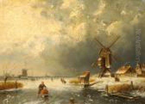 A Frozen Lake With Figures Skating Oil Painting by Charles Henri Leickert