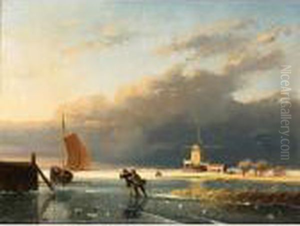 A Frozen Waterway With Figures On The Ice, A Windmill In The Distance Oil Painting by Charles Henri Leickert