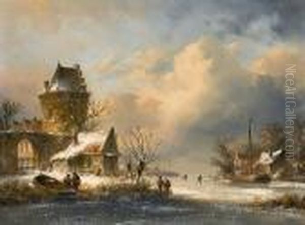 Winter Scene With Figures On A Frozen River Beside A Castle Oil Painting by Charles Henri Leickert