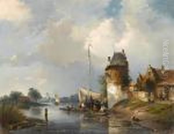 A Busy River Oil Painting by Charles Henri Leickert