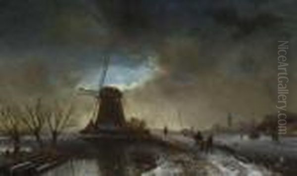 Nachtliche
 Winterlandschaft Oil Painting by Charles Henri Leickert