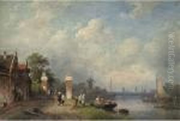 Figures At The Edge Of A Dutch Canal Oil Painting by Charles Henri Leickert