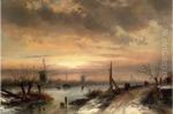 Figures At A Frozen Dutch Waterway, Dusk Oil Painting by Charles Henri Leickert