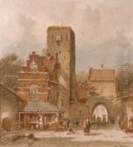 Towngate With Figures Oil Painting by Charles Henri Leickert