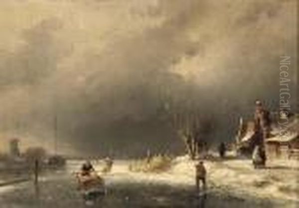 A Cold Day In Winter Oil Painting by Charles Henri Leickert