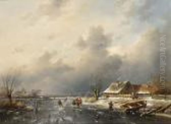 Frozen Waterway With Skaters By A Cottage Oil Painting by Charles Henri Leickert