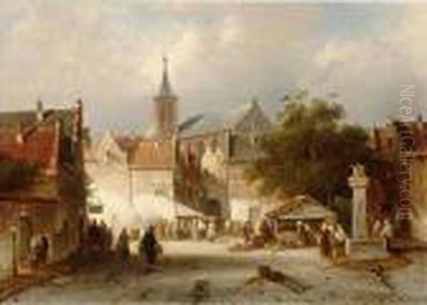 A Busy Market In A Dutch Town Oil Painting by Charles Henri Leickert