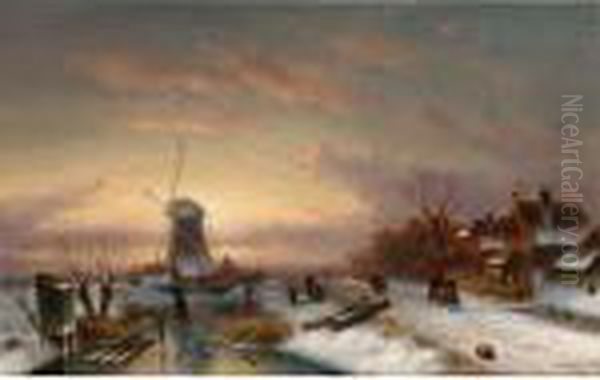 A Winter Landscape With Skaters On The Ice Oil Painting by Charles Henri Leickert