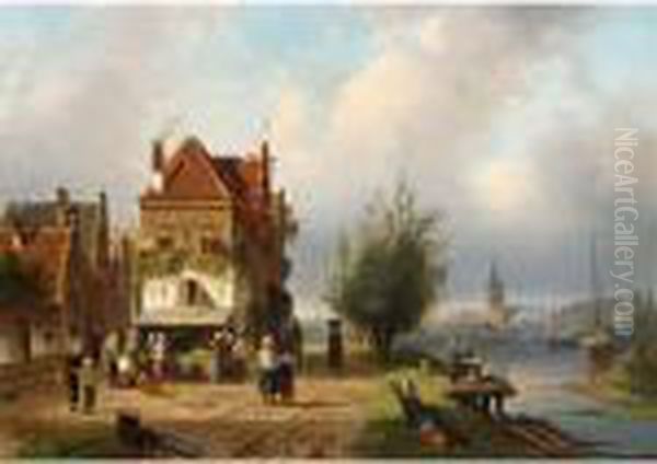 A Town View With Figures By A Market Stall Oil Painting by Charles Henri Leickert