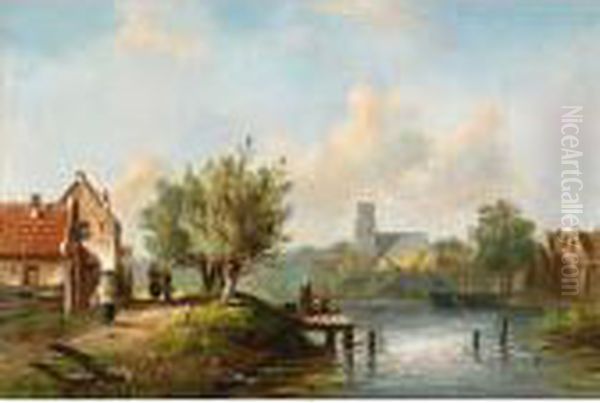 Figures Near A Waterside Inn Oil Painting by Charles Henri Leickert