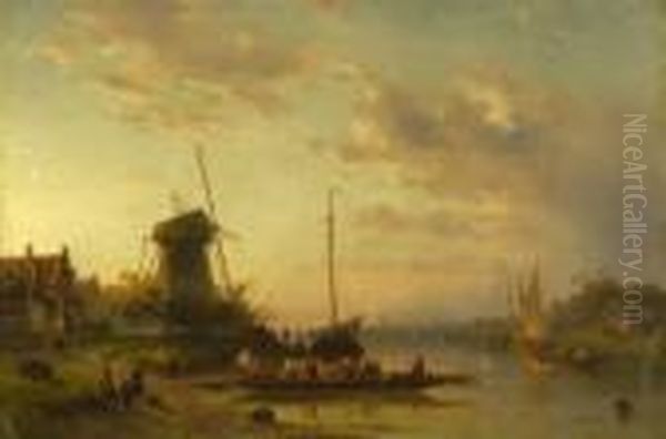 Hollandische Flusslandschaft Im Morgenlicht. Oil Painting by Charles Henri Leickert