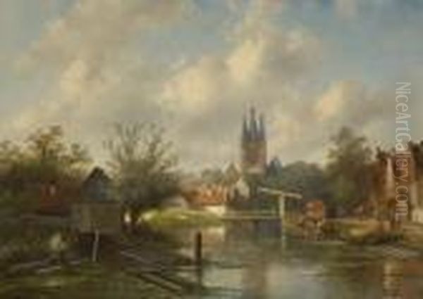 Hollandisches Stadtchen Am
 Fluss Oil Painting by Charles Henri Leickert