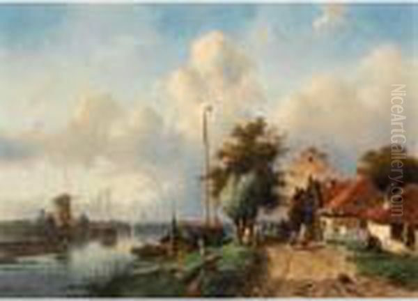 A River Landscape Oil Painting by Charles Henri Leickert