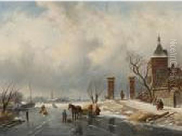 Skaters And Sleds On A Frozen River Oil Painting by Charles Henri Leickert