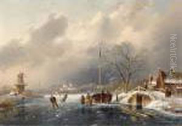 Skaters On A Frozen River Oil Painting by Charles Henri Leickert