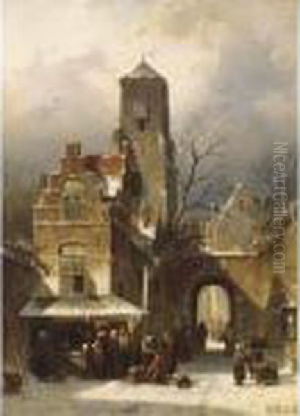 Vegetable Sellers At A Town Well
 In A Sunlit Dutch Town; A Market Scene In A Wintry Dutch Town (a Pair) Oil Painting by Charles Henri Leickert