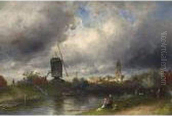 Washer Women On The Waterfront, A Town In The Distance Oil Painting by Charles Henri Leickert