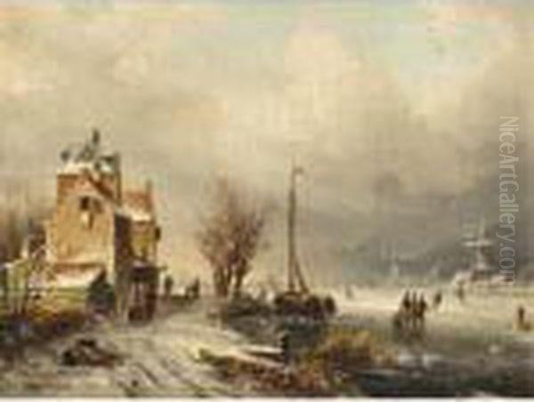 Figures On A Frozen Waterway, A Windmill In The Distance Oil Painting by Charles Henri Leickert