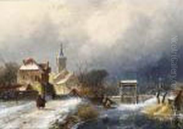 A Winter Landscape With Figures Near A Village Oil Painting by Charles Henri Leickert