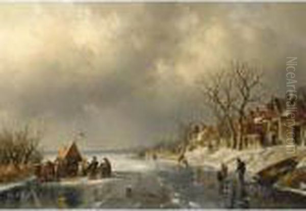 Skaters On A Frozen River With Figures Near A 'koek En Zopie' Oil Painting by Charles Henri Leickert