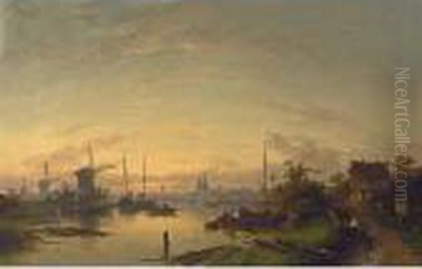 A River Scene At Dusk, Windmills In The Distance Oil Painting by Charles Henri Leickert