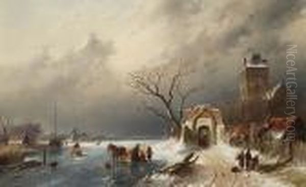 Winter Landscape With Figures Skating, A Windmill Beyond Oil Painting by Charles Henri Leickert