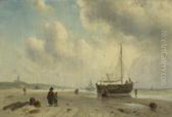 Kustenpartie Mit Fischerbooten Oil Painting by Charles Henri Leickert