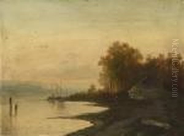 Abendstimmung Uber Flusslauf Mit Gehoft Oil Painting by Charles Henri Leickert