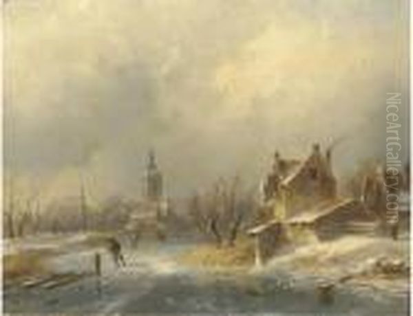 Figures On A Frozen Waterway Oil Painting by Charles Henri Leickert