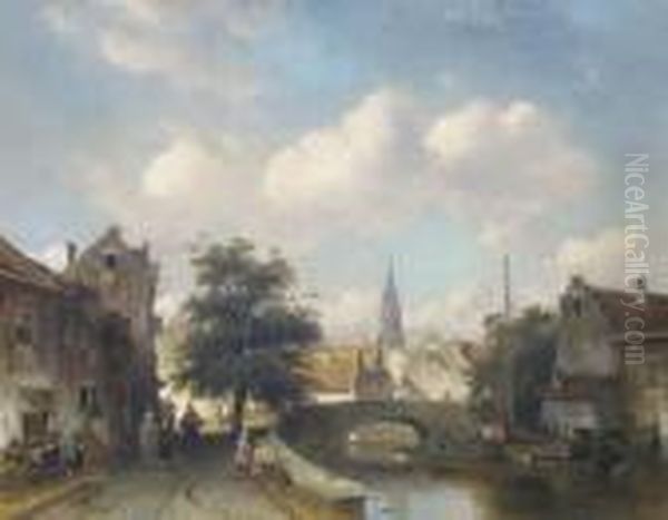 A Canal In A Sunlit Dutch Town Oil Painting by Charles Henri Leickert