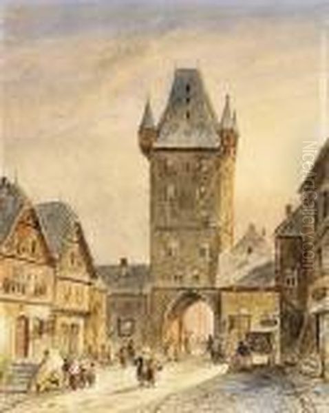 Figures Near A Towngate Oil Painting by Charles Henri Leickert