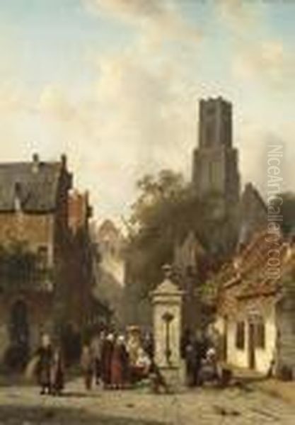 Vegetable Sellers At A Town Well
 In A Sunlit Dutch Town; A Market Scene In A 
Wintry Dutch Town Oil Painting by Charles Henri Leickert