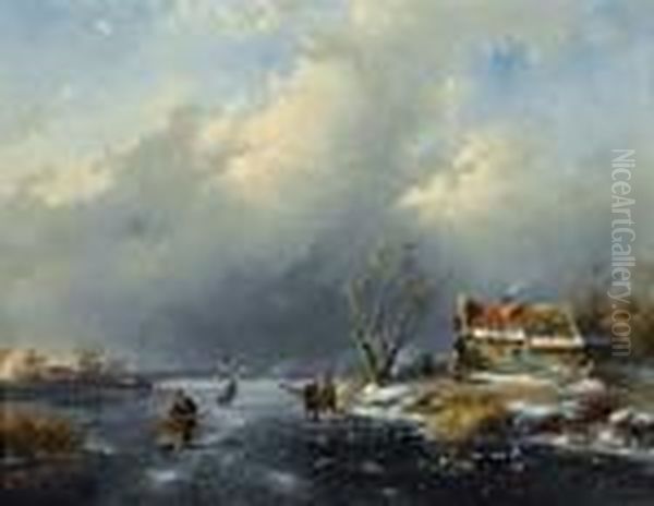 Schlittschuhlaufer. Oil Painting by Charles Henri Leickert