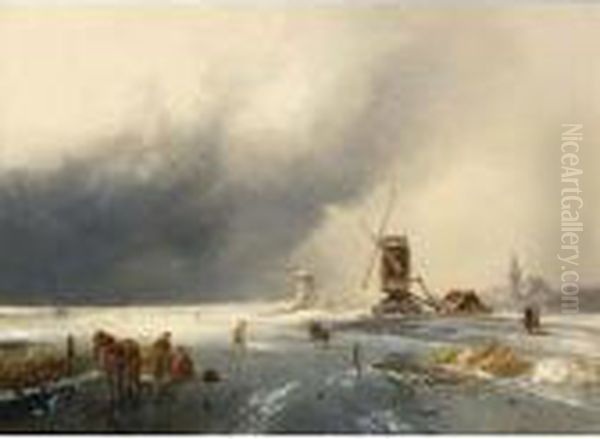 A Winter Landscape With Figures On A Frozen Waterway Oil Painting by Charles Henri Leickert