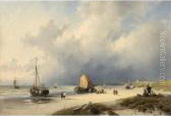 Bomschuiten And Fisherfolk On The Beach Oil Painting by Charles Henri Leickert