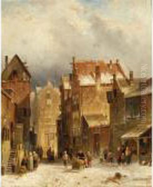 Figures In A Dutch Town In Winter Oil Painting by Charles Henri Leickert