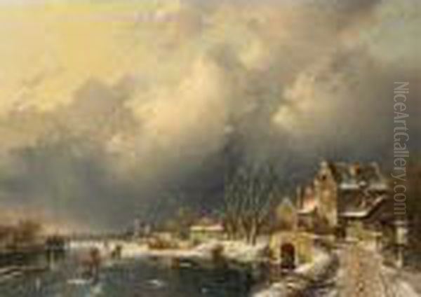 A Winter Landscape With Skaters Near A 'koek En Zopie' Oil Painting by Charles Henri Leickert