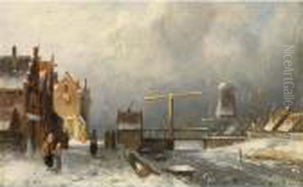 Villagers In A Snow Covered Dutch Town, A Windmill In The Distance Oil Painting by Charles Henri Leickert