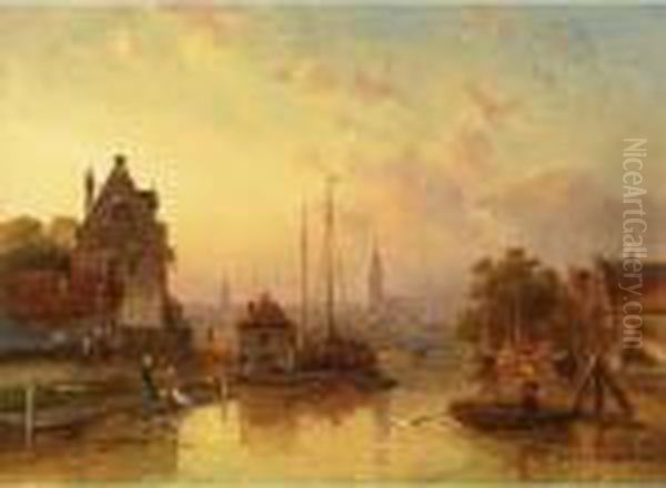 A View Of A Town By A River At Dusk Oil Painting by Charles Henri Leickert