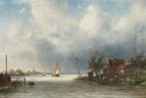 Estuary Scene Oil Painting by Charles Henri Leickert