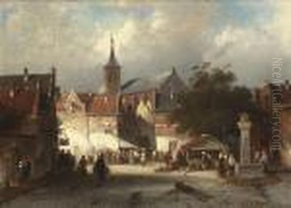 A Busy Market In A Continental Town Oil Painting by Charles Henri Leickert