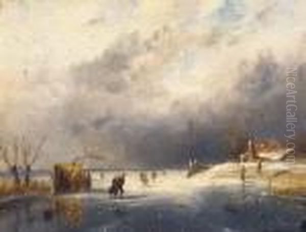 Skaters On The Ice By A Koek En Zopie Oil Painting by Charles Henri Leickert