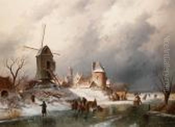 Winter Landscape With Figures On A River By A Village Oil Painting by Charles Henri Leickert