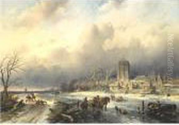 Frozen River Oil Painting by Charles Henri Leickert