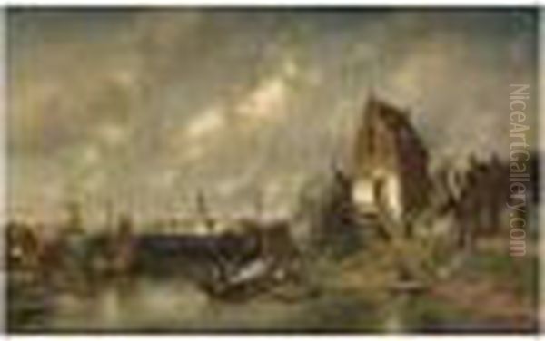 Figures In A River Landscape, A Town Beyond Oil Painting by Charles Henri Leickert