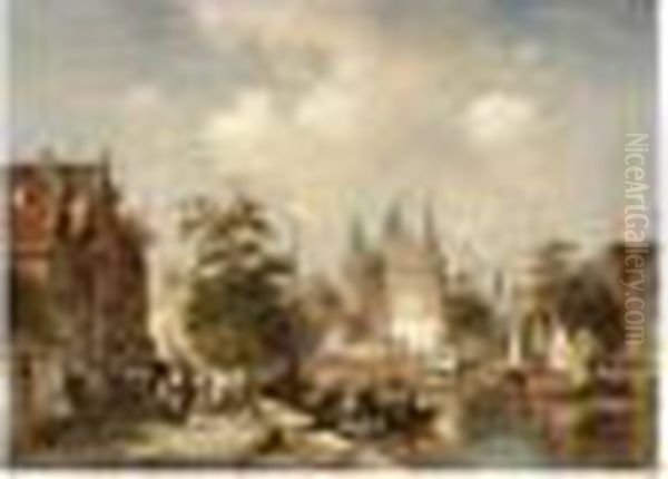 A Busy Canal Scene In A Dutch Town Oil Painting by Charles Henri Leickert